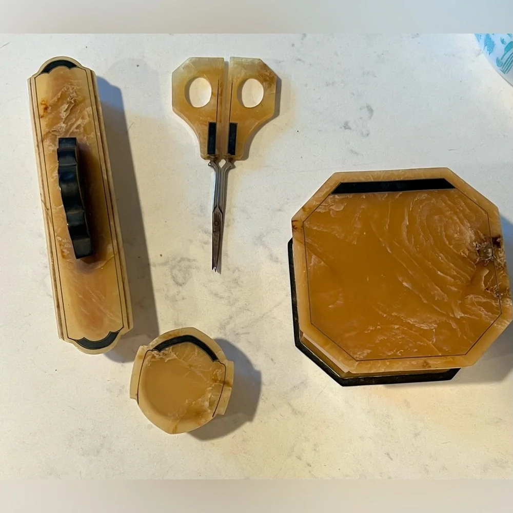Vintage Gold / Brown Celluloid Vanity/Dresser Set 8 Pieces, powder box, scissors